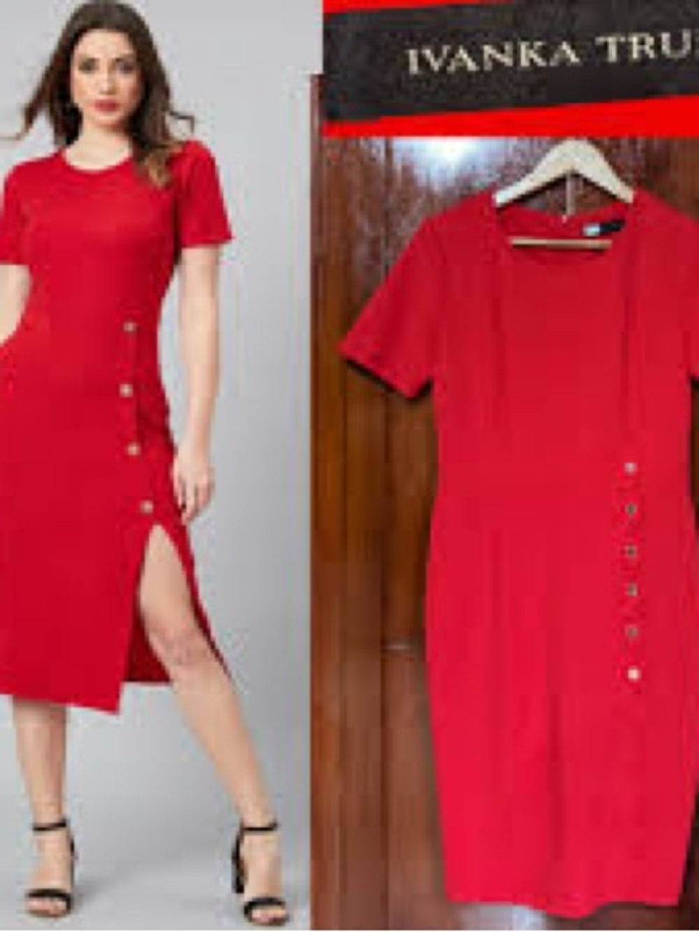 NWOT IVANKA TRUMP Red Midi Dress with Side Button Slit, Cap Sleeves Zipper Back